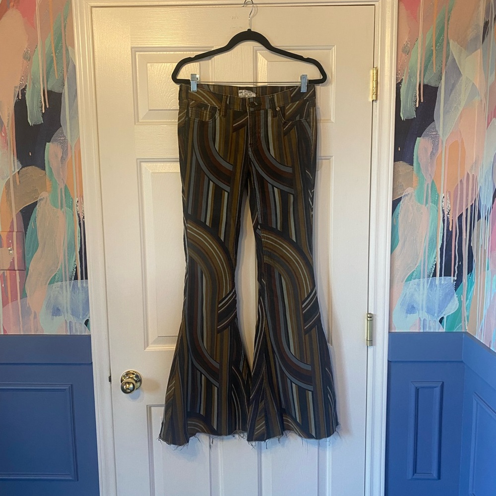 Free People Striped Flare Jeans in Brown and Blue